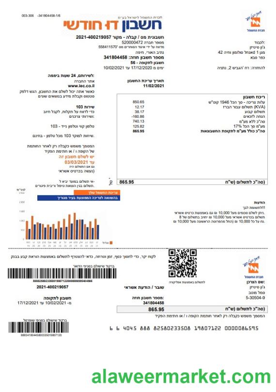 Israel Electric Corporation utility bill template in Word and PDF format (.doc and .pdf) in Hebrew